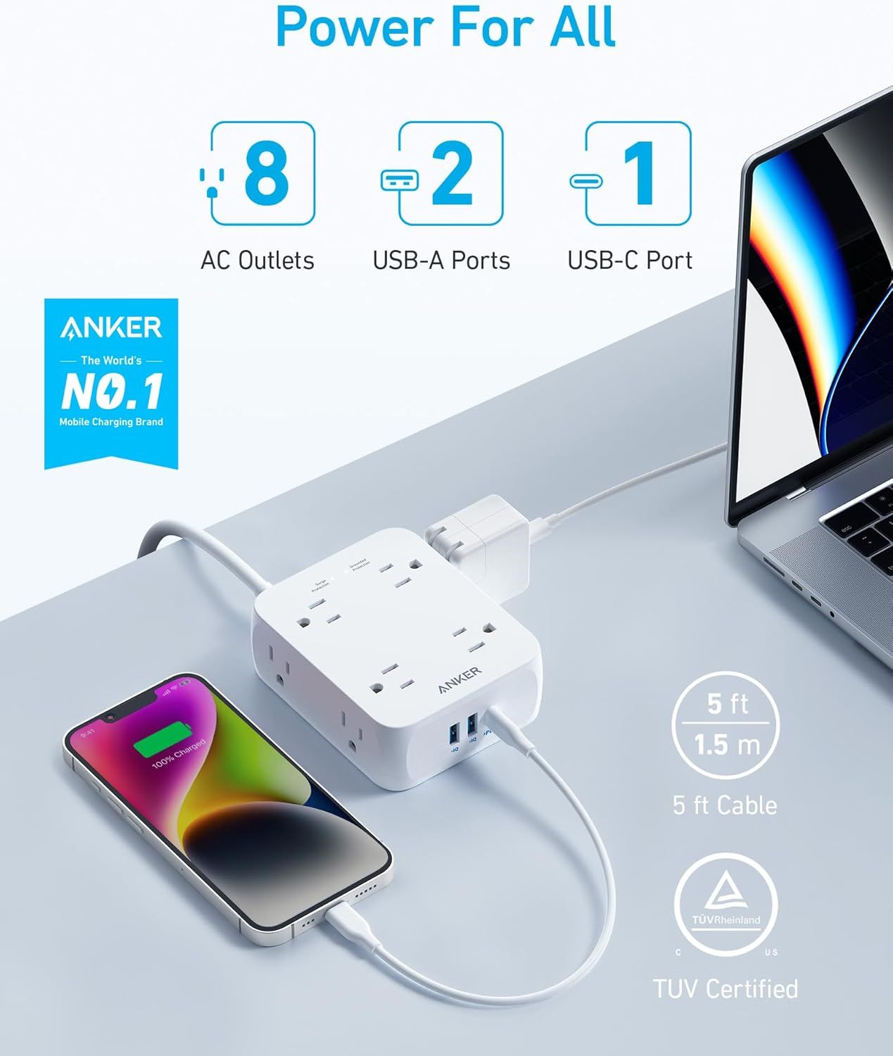 Anker 341 USB Power Strip 5ft | A9183 - White - Very Good