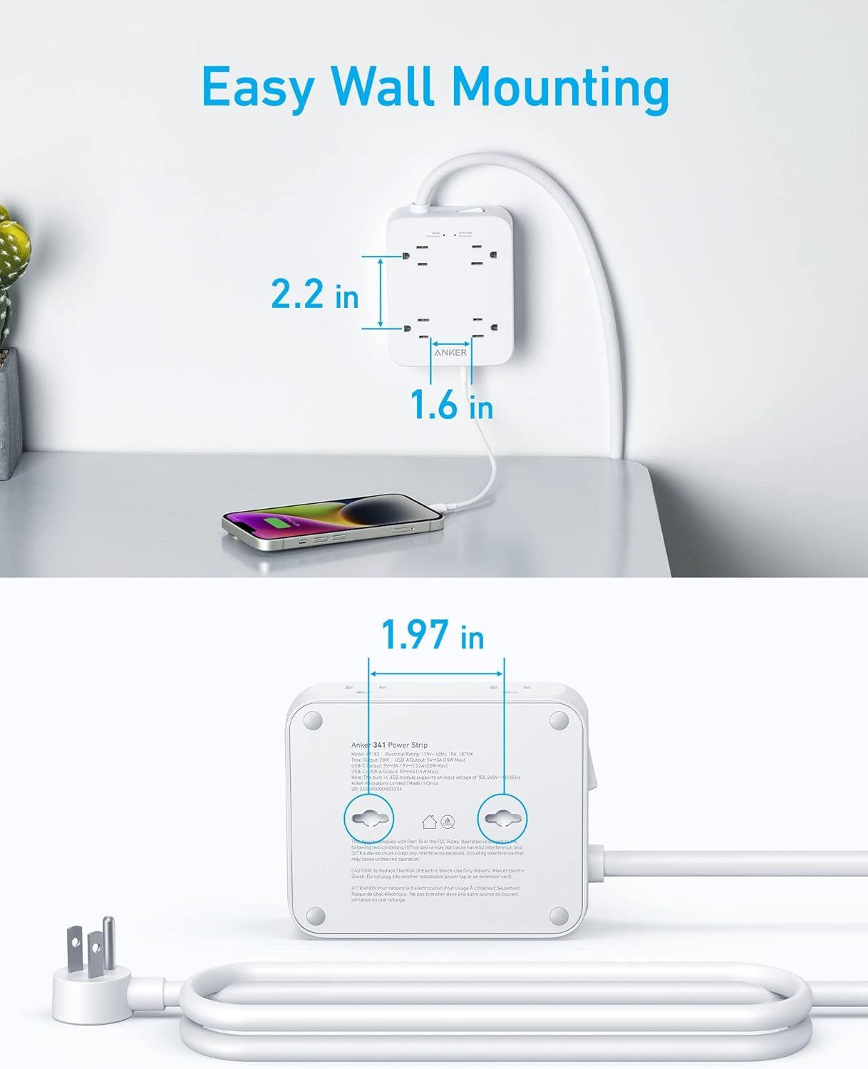 Anker 341 USB Power Strip 5ft | A9183 - White - Very Good