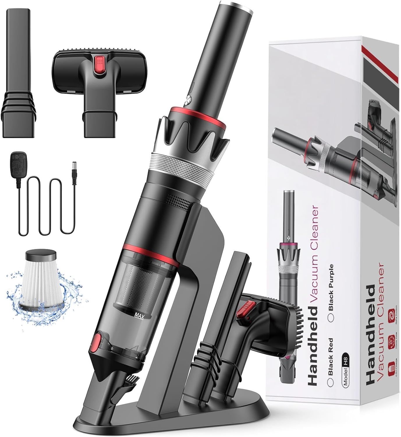 BSRCO HVC-H8R Cordless 8KPa Handheld Vacuum - Black/Red