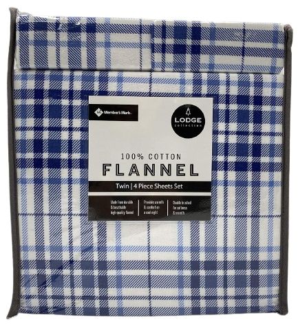 Member's Mark 100% Cotton 4pc Flannel Sheets Twin Set - Blue Plaid
