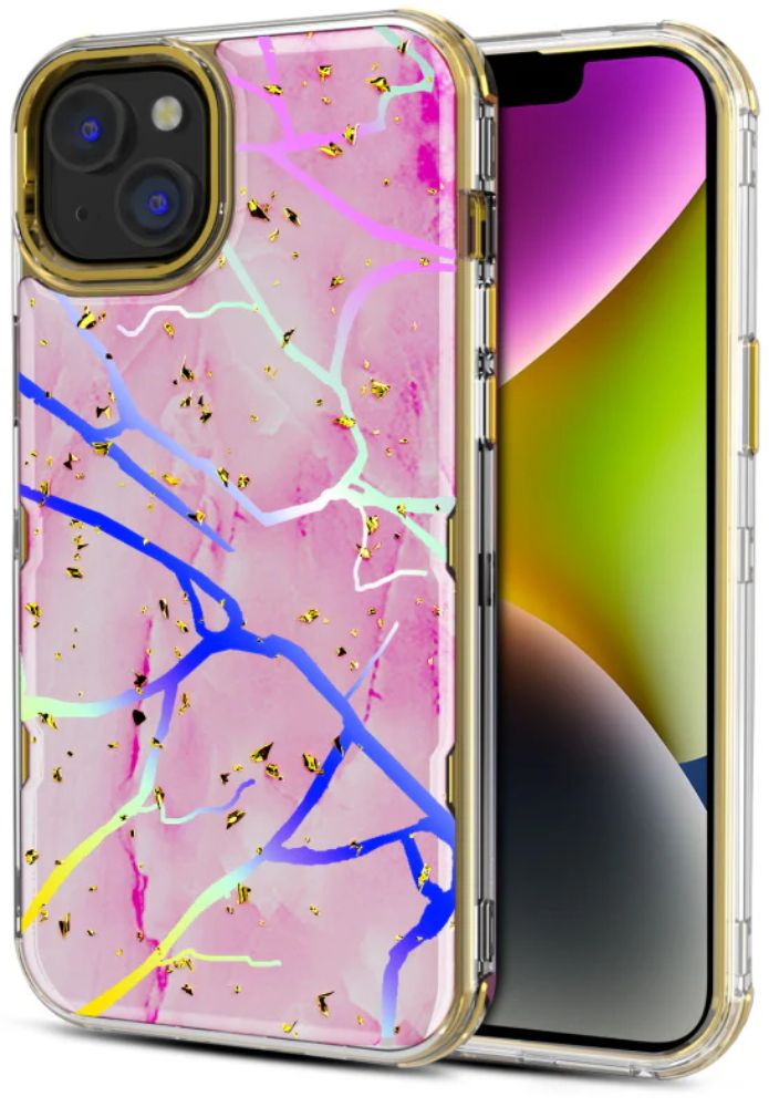 MyBat Pro Tuff Kleer Series Phone Case for iPhone 14 Plus - Pink Marbling/Electroplating Gold - Brand New
