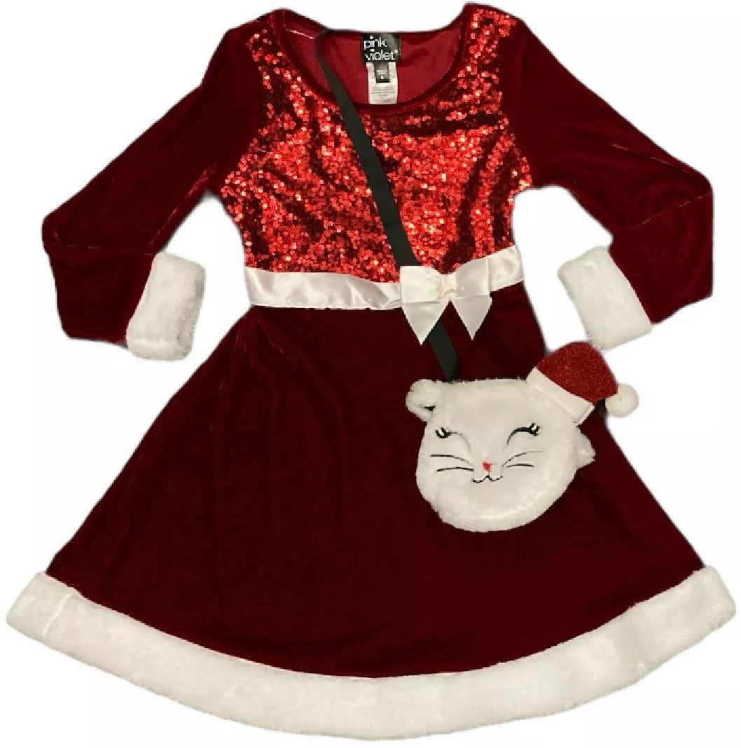 Pink & Violet Holiday Girl's Dress with Cat Purse 2T - Red