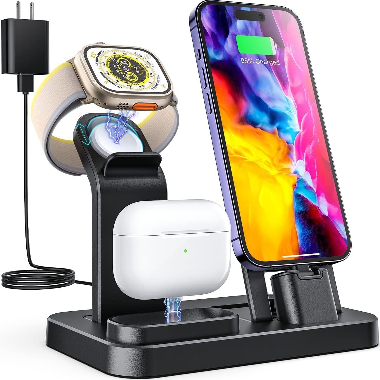 RJR Updated 3 in 1 Charging Station for Apple Devices - Black