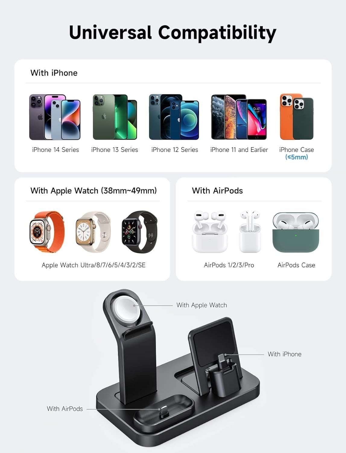RJR Updated 3 in 1 Charging Station for Apple Devices - Black