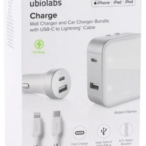 Ubio Labs Charge Wall Charger and Car Charger Bundle with USB-C to Lightning Cable