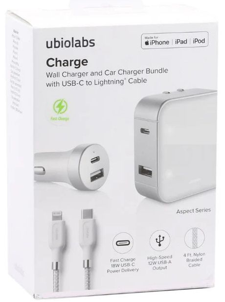 Ubio Labs Charge Wall Charger and Car Charger Bundle with USB-C to Lightning Cable